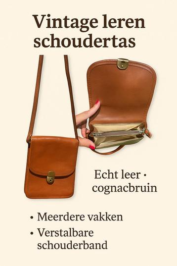 Vintage leren schoudertas – echt leer, cognacbruin met vakin beschikbaar voor biedingen