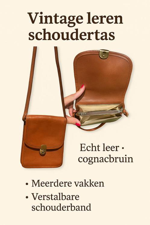 Vintage leren schoudertas – echt leer, cognacbruin met vakin, Sieraden, Tassen en Uiterlijk, Tassen | Schoudertassen, Gebruikt