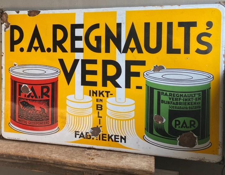 Zeldzaam emaille bord Regnault,s verf en blik fabrieken, Verzamelen, Merken en Reclamevoorwerpen, Zo goed als nieuw, Reclamebord