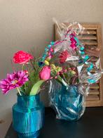 Cadeau Tip Vaasjes Aqua Met Zijden bloemen, Ophalen of Verzenden, Nieuw