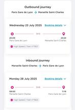 Retour treintickets Parijs  Marseille te koop, Tickets en Kaartjes, Drie personen of meer, Trein, Buitenland, Met bestemming of datum