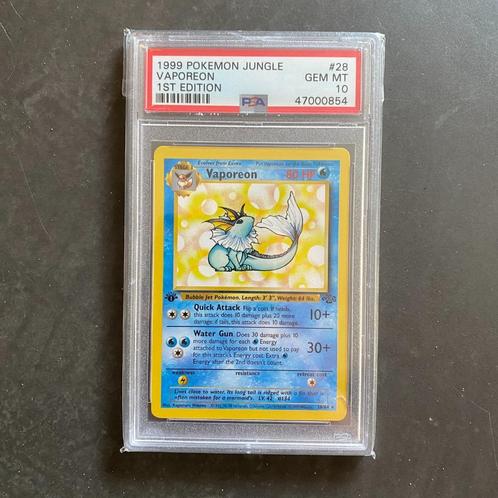Pokémon Jungle #28 Vaporeon 1st Edition PSA 10, Hobby en Vrije tijd, Verzamelkaartspellen | Pokémon, Zo goed als nieuw, Losse kaart