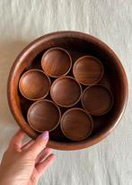 Vintage / retro donker houten schaal met 7 kleine bakjes, Ophalen of Verzenden