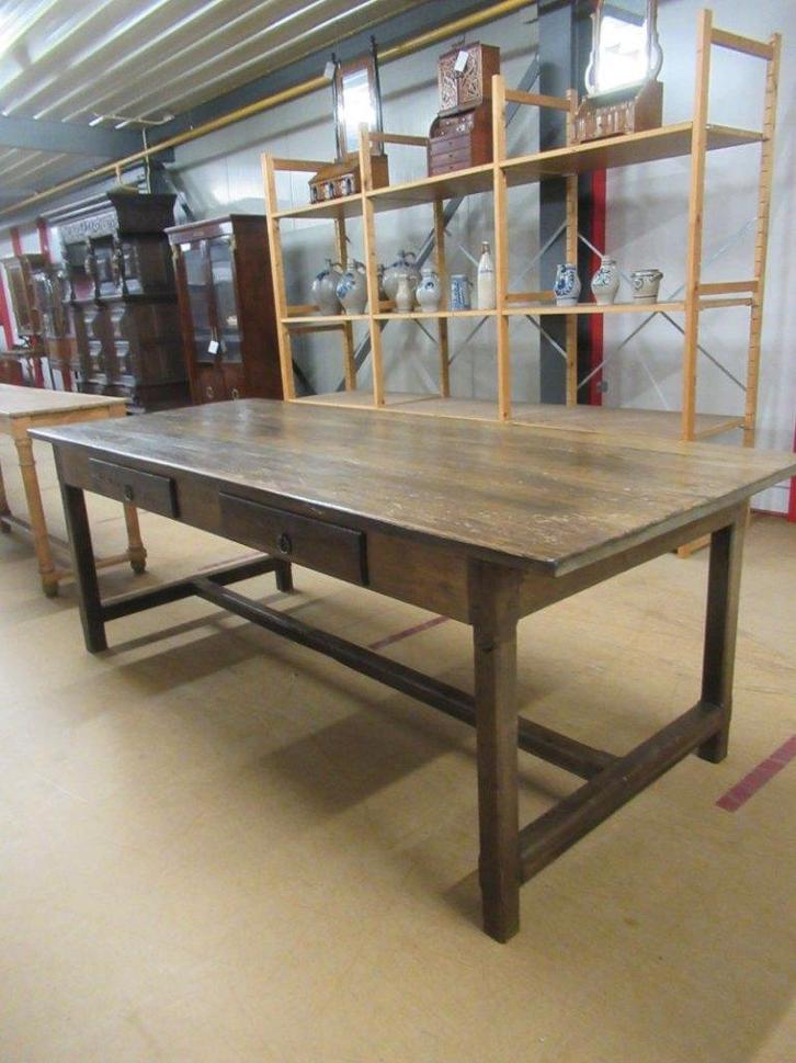Oer 11422 vintage eiken kloostertafel L=220 cm, Huis en Inrichting, Tafels | Eettafels, Gebruikt, 50 tot 100 cm, 200 cm of meer