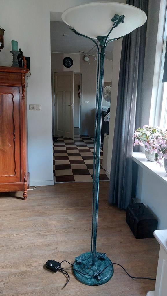 Vintage dimbare staande Schemerlamp., Huis en Inrichting, Lampen | Vloerlampen, Gebruikt, 150 tot 200 cm, Glas, Metaal, Ophalen