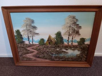 Mooi schilderij, landschap berkenbomen water weggetje huisje beschikbaar voor biedingen