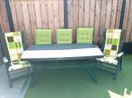 Tuinset groen (tafel en 5 stoelen en 7 stoelkussens), Tuin en Terras, Ophalen, 5 zitplaatsen, Kunststof, Gebruikt