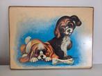 Vintage schilderij prent plaat van 2 hondje en hun bot, Ophalen of Verzenden