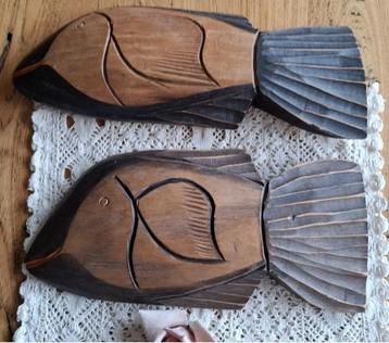 2 Vintage handgemaakte houten vissen, wanddecoratie beschikbaar voor biedingen