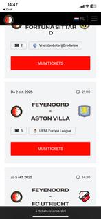 1 ticket feyenoord aston villa vak vv, Tickets en Kaartjes, Seizoenskaart, Eén persoon