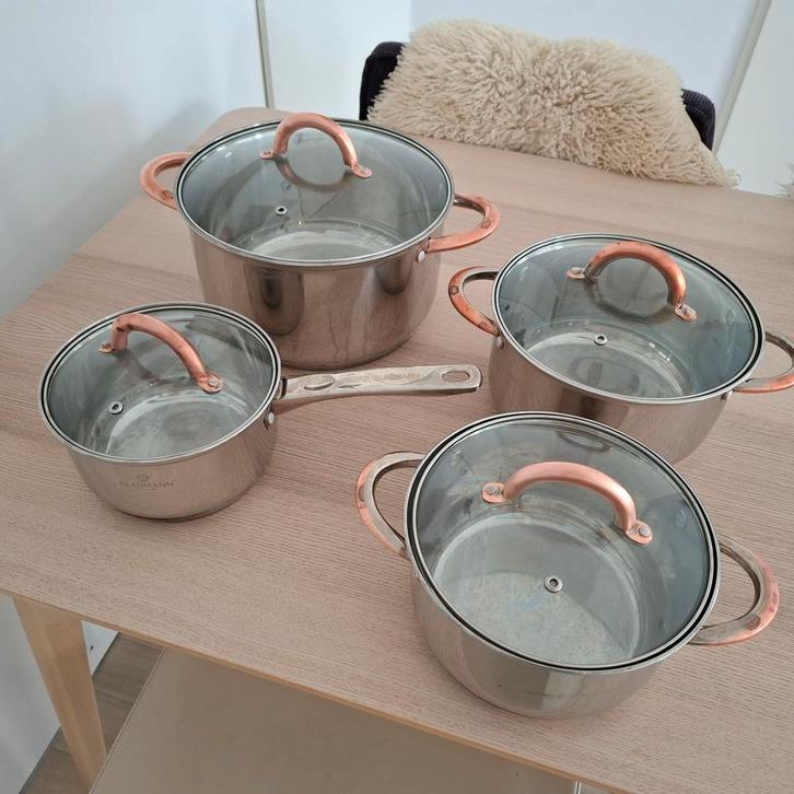 Blaumann 4-delige pannenset - Gebruikt, Huis en Inrichting, Keuken | Potten en Pannen, Gebruikt, Pannenset, Rvs, Inductieplaat