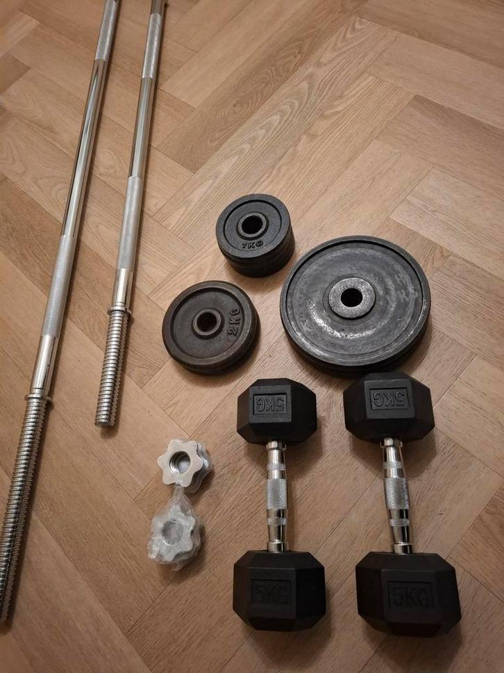 Halterstangen met dumbbells en gewichten, Sport en Fitness, Fitnessmaterialen, Zo goed als nieuw, Overige typen, Armen, Benen
