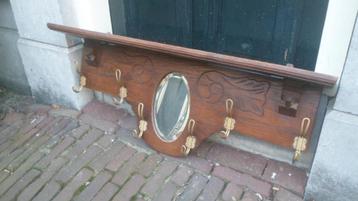 Antieke eiken KAPSTOK 95 cm WANDKAPSTOK met ovaal spiegeltje beschikbaar voor biedingen