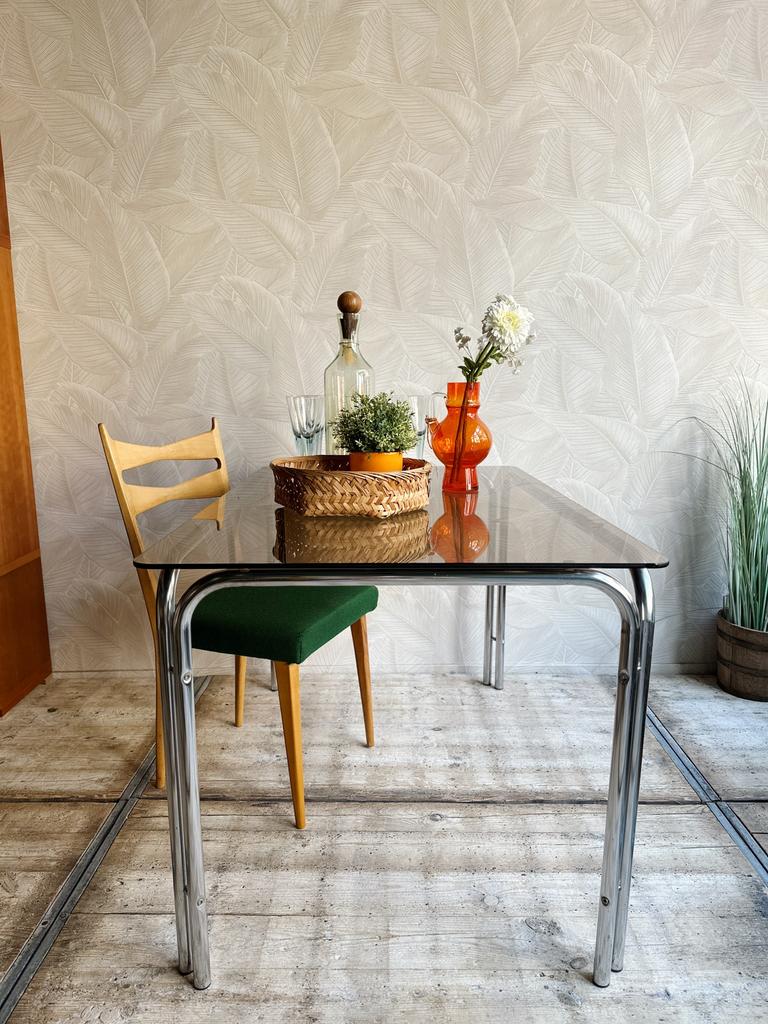 Vintage eettafel rechthoekig chroom met rookglas blad, Huis en Inrichting, Tafels | Eettafels, Ophalen, Pand 96, Koestraat 96