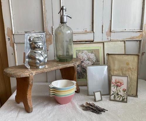 Brocante voetenbankje - theelepeltjes - 5x soepkom Regout, Antiek en Kunst, Curiosa en Brocante, Ophalen of Verzenden