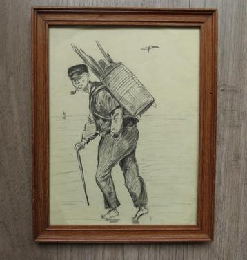 Oude tekening met strandjutter  beschikbaar voor biedingen