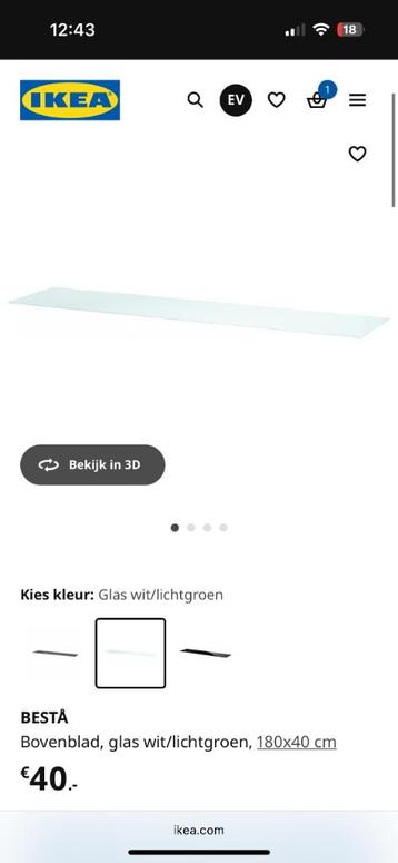 Glazen plaat/bovenplaat IKEA besta 180cm wit