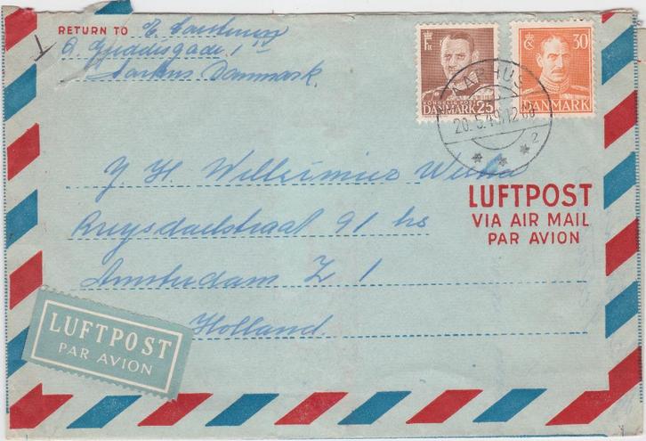 Denemarken luchtpostbrief 20 mei 1949 Aarhus - Amsterdam, Postzegels en Munten, Postzegels | Europa | Scandinavië, Gestempeld
