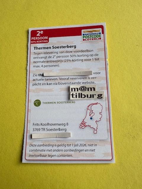 Thermen Soesterberg 2e persoon 50% korting, Tickets en Kaartjes, Kortingen en Cadeaubonnen, Drie personen of meer, Kortingsbon