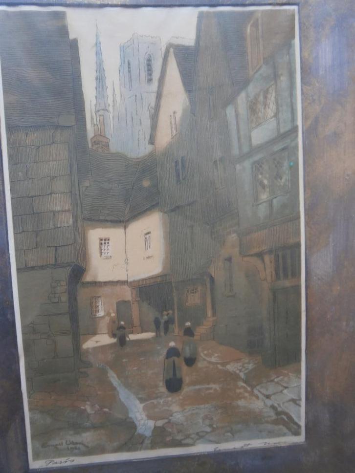 E.Uden, Parijs Straatbeeld, mensen klederdr naar de Kerk, Antiek en Kunst, Kunst | Etsen en Gravures, Ophalen