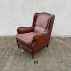 Vintage oorfauteuil Donkerbruine Leer, Ophalen, Minder dan 50 cm, Gebruikt, 75 tot 100 cm