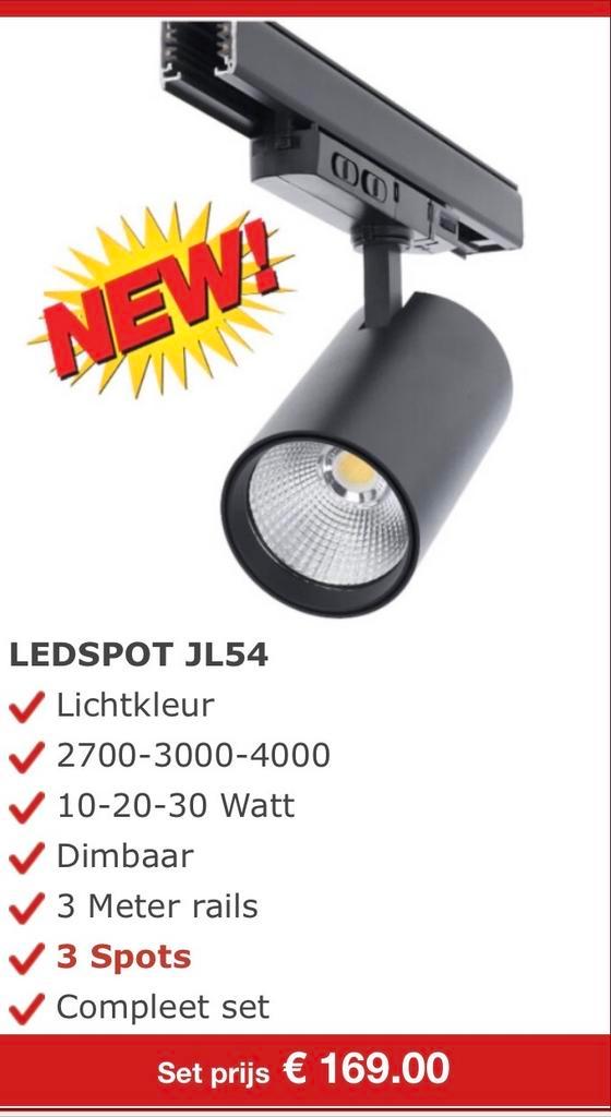winkelverlichting 3 ledspots 3mt rails set 169.00, Huis en Inrichting, Lampen | Losse lampen, Nieuw, Led-lamp, 30 tot 60 watt