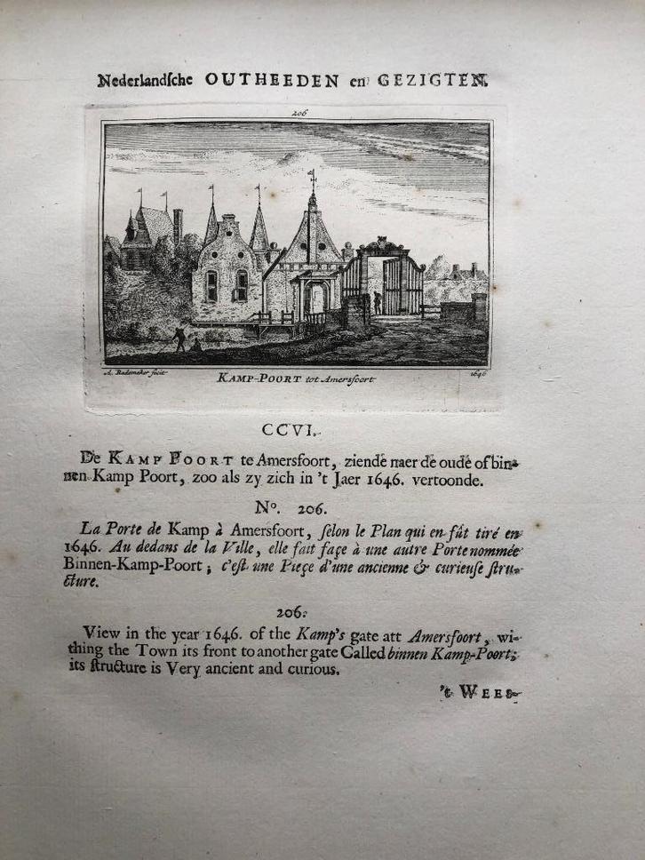 206 / Amersfoort de Kamppoort Kopergravure 1732, Antiek en Kunst, Kunst | Etsen en Gravures, Ophalen of Verzenden