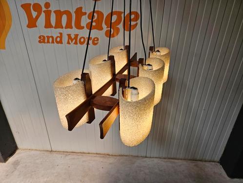 Vintage hanglamp, teak, Huis en Inrichting, Lampen | Hanglampen, Gebruikt, Glas, Kunststof, Ophalen