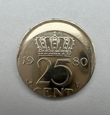 Juliana. 25 Cent 1980. FDC misslag 15% excentrisch beschikbaar voor biedingen