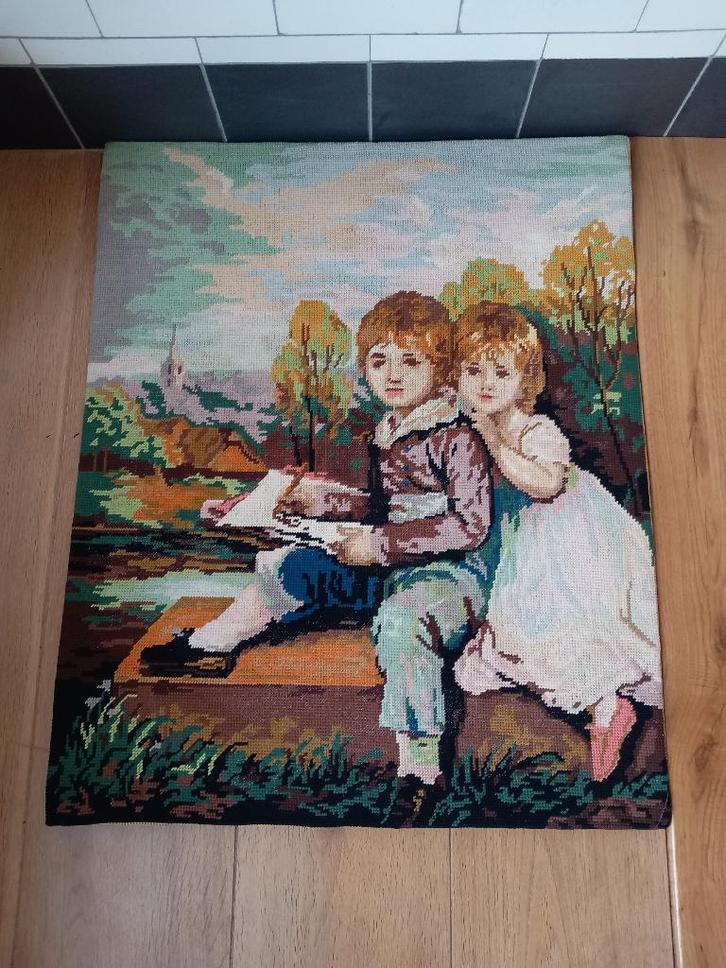 groot antiek Frans borduurwerk broer zus vintage brocante, Antiek en Kunst, Curiosa en Brocante, Ophalen