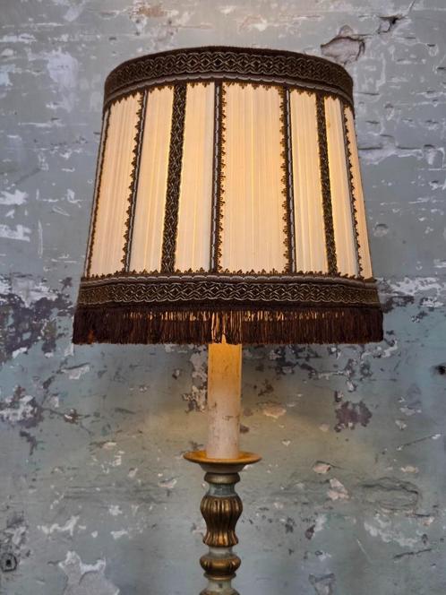 Grote crèmekleurige lampenkap met bruine franjes, Huis en Inrichting, Lampen | Lampenkappen, Gebruikt, 25 tot 50 cm, Rond, Crème