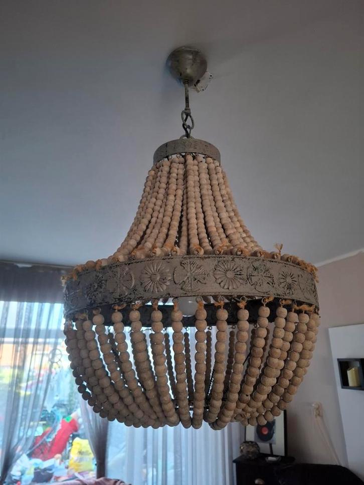 Houten Kralen Kroonluchter - Light & Living Luna, Huis en Inrichting, Lampen | Kroonluchters, Nieuw, Hout, Ophalen
