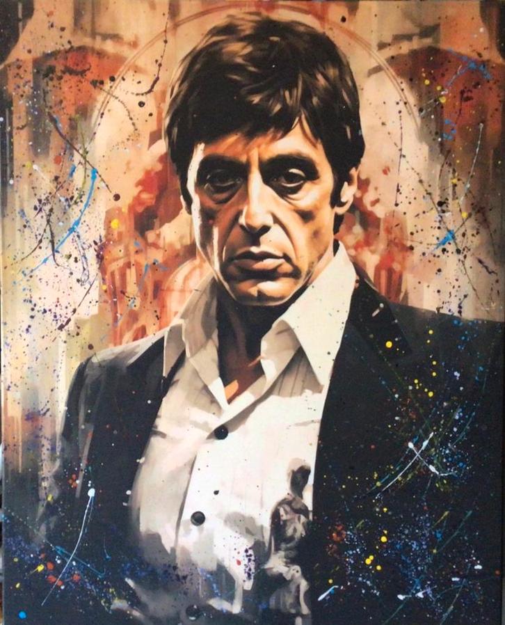 Tony Montana- Mixed Media- Katoenen canvasdoek-100x80cm, Huis en Inrichting, Woonaccessoires | Schilderijen, Tekeningen en Foto's