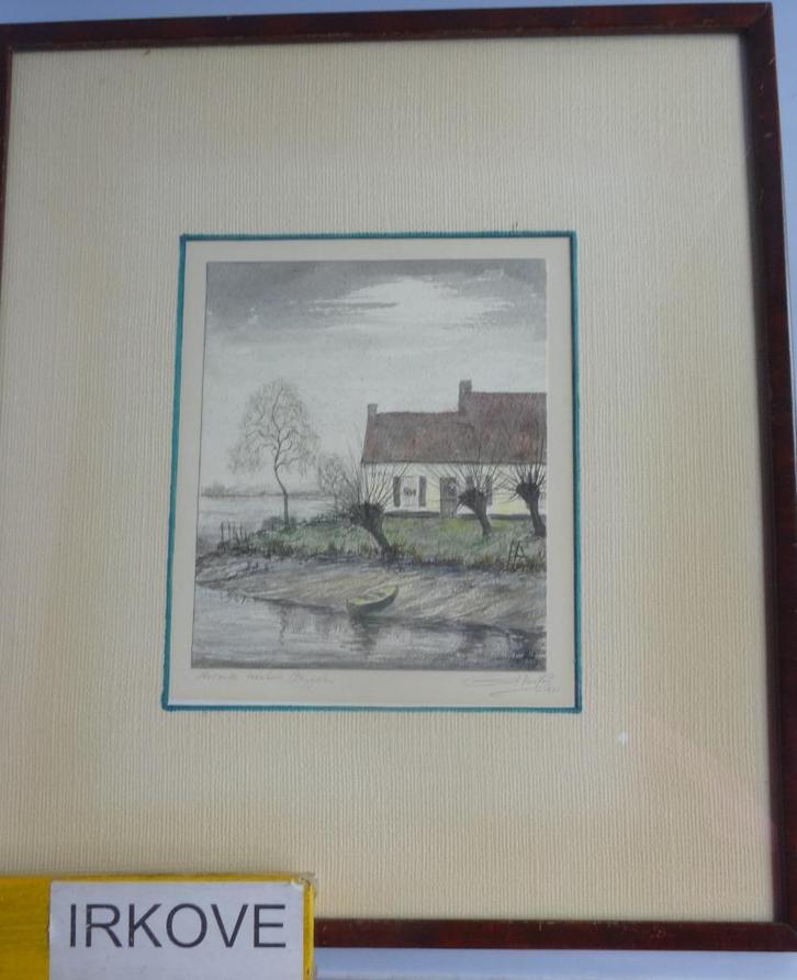 GEMENGDE TECHNIEK * HUIS MET KNOTWILGEN * IN Lijst *, Antiek en Kunst, Kunst | Schilderijen | Klassiek, Verzenden