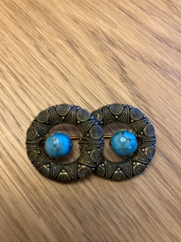 Vintage Duitse Broche GES GESCH Blauw Cabochon, Overige materialen, 4 tot 7 cm, Gebruikt, Met edelsteen