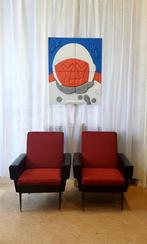 Twee zwart-rode vintage Franse fauteuils, jaren zestig, Antiek en Kunst, Curiosa en Brocante, Ophalen