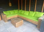 Steigerhouten tuinhoekbank + kussens en bijzettafel, Tuin en Terras, Tuinsets en Loungesets, Ophalen, 5 zitplaatsen, Gebruikt