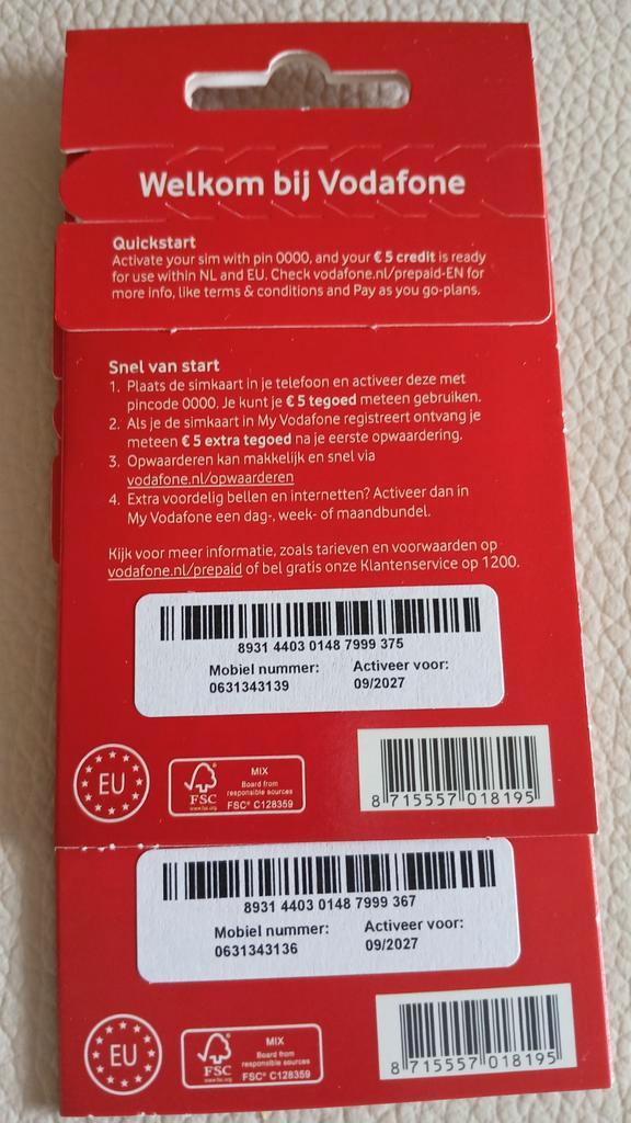 2 MOOI NUMMERS VODAFONE PREPAID SIMKAART SAMEN SET, Telecommunicatie, Prepaidkaarten en Simkaarten, Nieuw, Simkaart, Vodafone