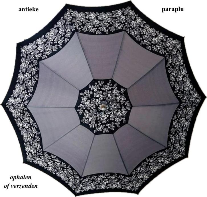 Antieke Paraplu zwart grijs wit met Leren greep, Antiek en Kunst, Antiek | Kleding en Accessoires, Dames, Ophalen