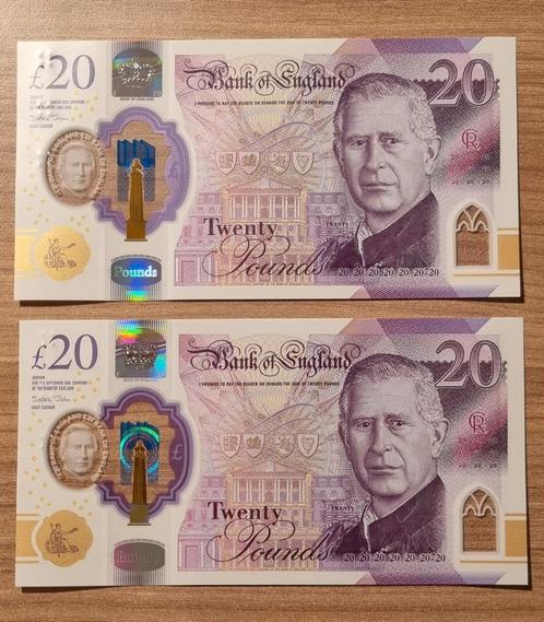 Bankbiljetten - UK Charles 2x 20 pond UNC opeenvolgend, Postzegels en Munten, Bankbiljetten | Europa | Niet-Eurobiljetten, Setje
