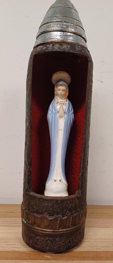 Antieke granaathuls / obus met Maria beeld, Antiek en Kunst, Antiek | Religie, Ophalen of Verzenden