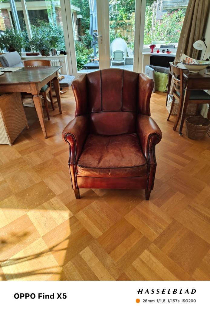 Lederen oor fauteuil, Huis en Inrichting, Fauteuils, Gebruikt, Leer, 75 tot 100 cm, 75 tot 100 cm, Ophalen
