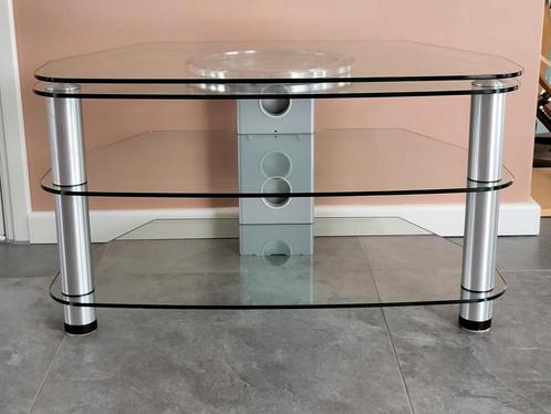 Tv meubel van glas met aluminium poten., Huis en Inrichting, Kasten | Televisiemeubels, Ophalen