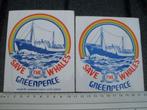 2x sticker save the whales greenpeace logo rainbow warrior, Bedrijf of Vereniging, Zo goed als nieuw, Verzenden