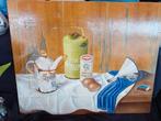 Houten Schilderij - Nostalgisch Stilleven met Emaille, Antiek en Kunst, Ophalen of Verzenden