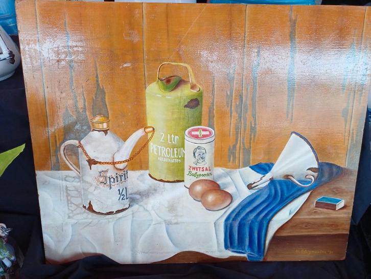 Houten Schilderij - Nostalgisch Stilleven met Emaille, Antiek en Kunst, Kunst | Schilderijen | Klassiek, Ophalen of Verzenden