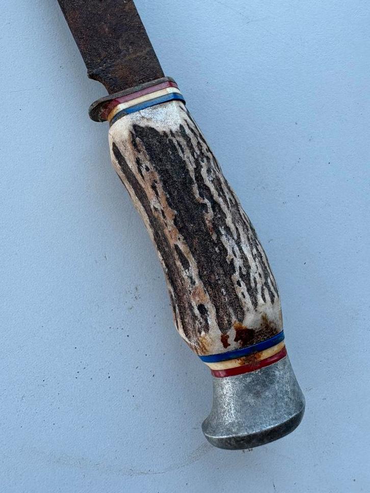 (F) Löwenmesser Solingen jachtmes Anton Wingen gewei handvat, Antiek en Kunst, Antiek | Gereedschap en Instrumenten, Verzenden