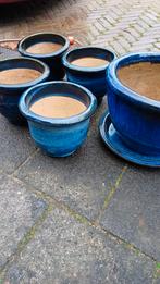 Blauw keramiek intratuin 5 stuks, Ophalen, Rond, Zo goed als nieuw, Aardewerk