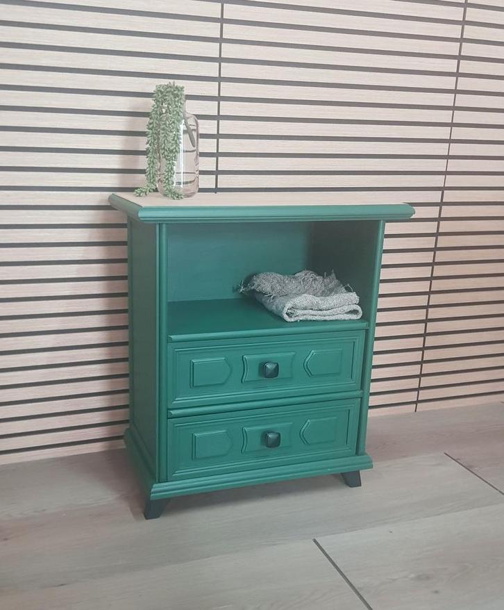 🦚 Prachtig ladekastje (nachtkastje) Groen, zwarte pootjes, Huis en Inrichting, Kasten | Ladekasten, Zo goed als nieuw, Minder dan 100 cm