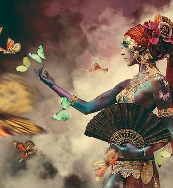 Woman with butterflies portrait Jaime Ibarra cirkel 140cm beschikbaar voor biedingen